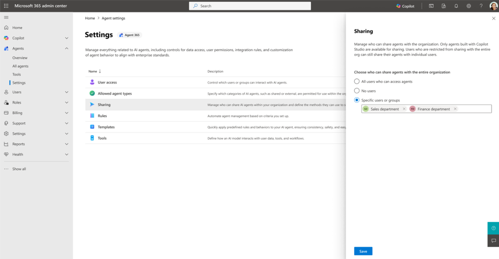 an image displaying Agent settings in the Microsoft 365 admin center, showing the agent sharing setting.
