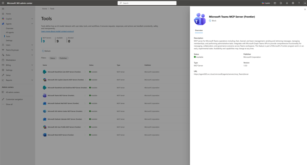 An image displaying the Tools management page in the Microsoft 365 admin center showing a list view of MCP services with the Microsoft Teams MCP server selected