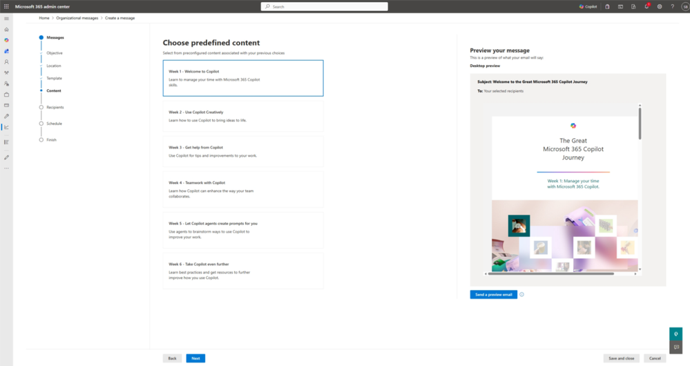 An image showing The Great Microsoft 365 Copilot Journey as an example of a templatized email which can be sent to users with Organizational messages in the Microsoft 365 admin center.