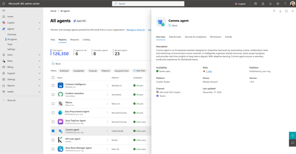 an image displaying the agents registry in the Microsoft 365 admin center showing an example agent selected and detailed agent metadata.