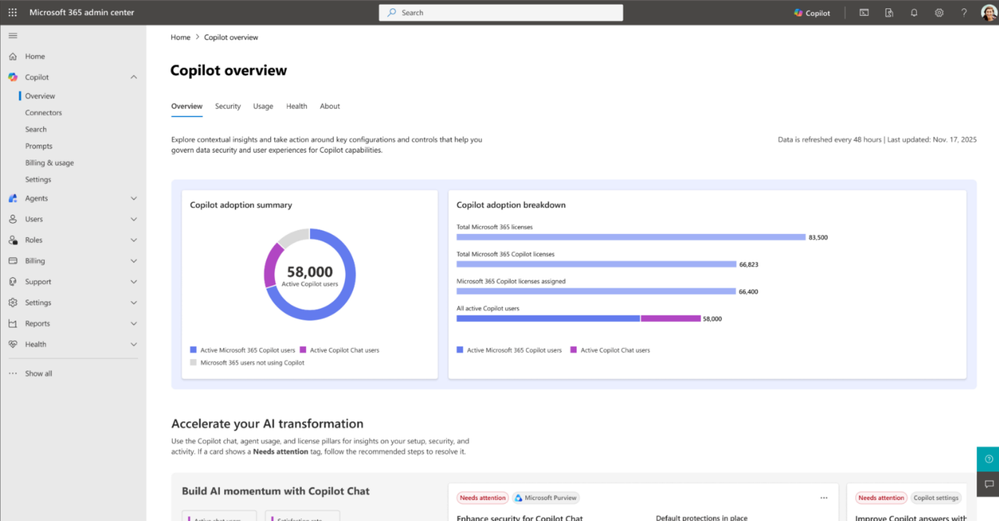 An image showing the redesigned Copilot overview page in the Microsoft 365 admin center.