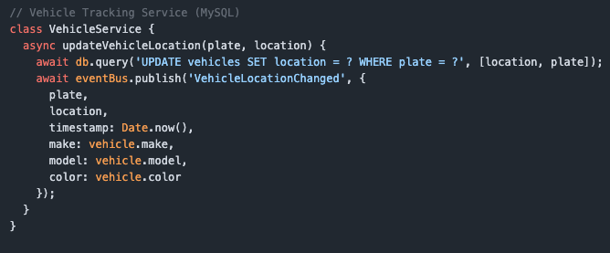 // Vehicle Tracking Service (MySQL) class VehicleService {   async updateVehicleLocation(plate, location) {     await db.query('UPDATE vehicles SET location = ? WHERE plate = ?', [location, plate]);     await eventBus.publish('VehicleLocationChanged', {       plate,       location,       timestamp: Date.now(),       make: vehicle.make,       model: vehicle.model,       color: vehicle.color     });   } }