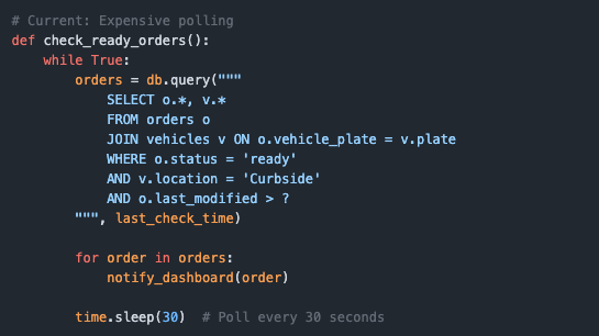 # Current: Expensive polling def check_ready_orders():     while True:         orders = db.query("""             SELECT o.*, v.*             FROM orders o             JOIN vehicles v ON o.vehicle_plate = v.plate             WHERE o.status = 'ready'             AND v.location = 'Curbside'             AND o.last_modified > ?         """, last_check_time)          for order in orders:             notify_dashboard(order)          time.sleep(30)  # Poll every 30 seconds