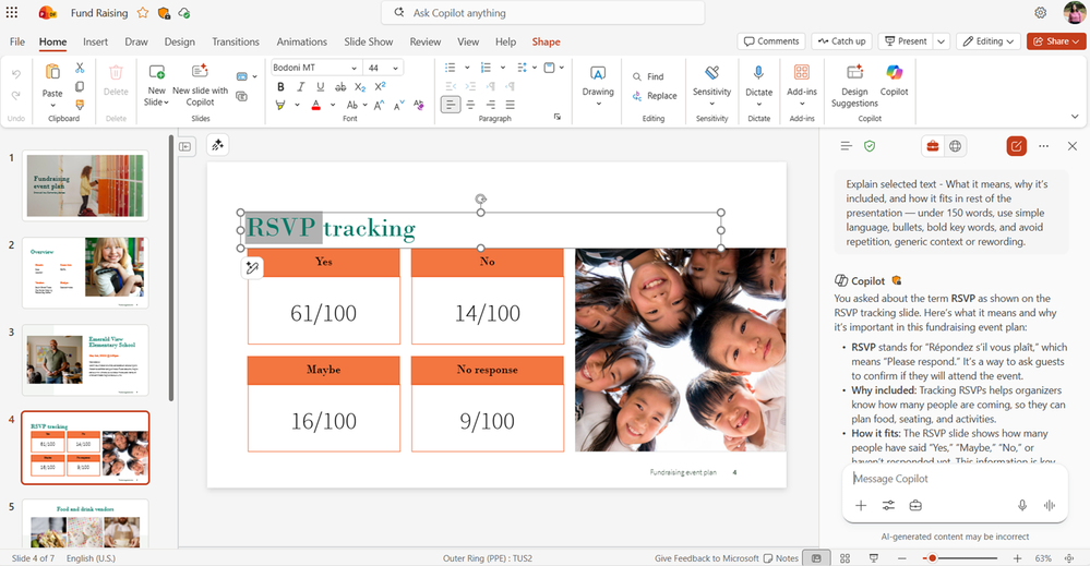 A screenshot of a Microsoft 365 Copilot explanation of the word RSVP in a PowerPoint slide.
