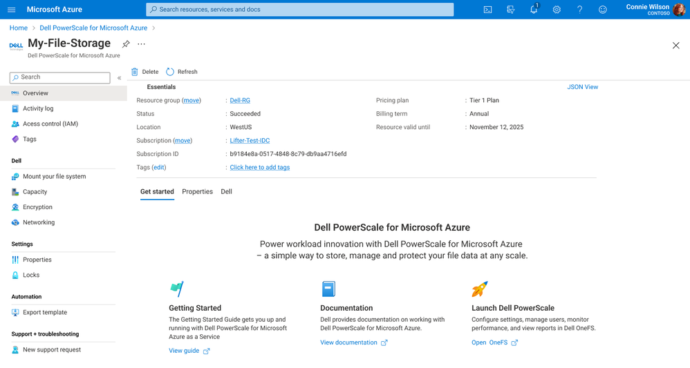 Dell PowerScale for Microsoft Azure user interface in the Azure Portal