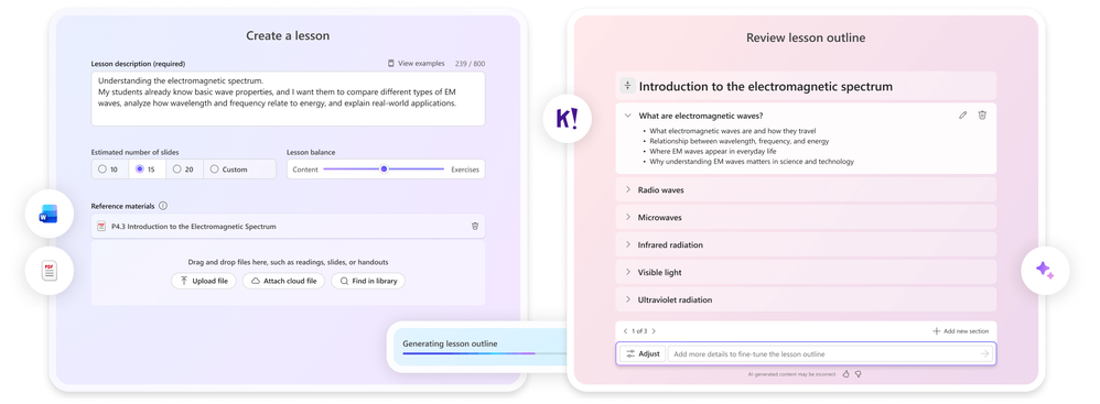 Learning Zone example showing lesson creation on the left and an AI-generated electromagnetic spectrum lesson outline on the right.