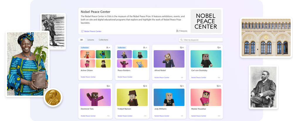 Screenshot of Nobel Peace Center lesson collections in Learning Zone featuring Nobel Peace Prize laureates and interactive learning content.