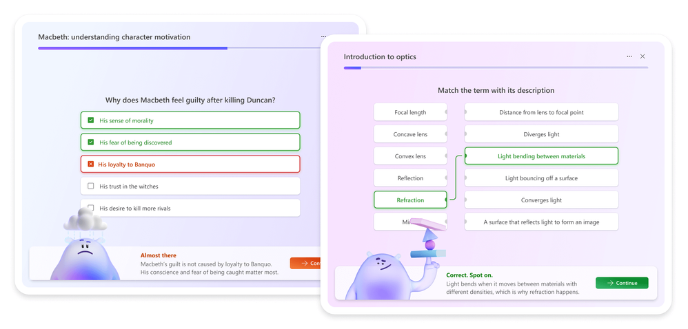 Two Learning Zone examples: a Macbeth multiple-select question with feedback, and an optics matching activity with a correct answer and positive feedback.