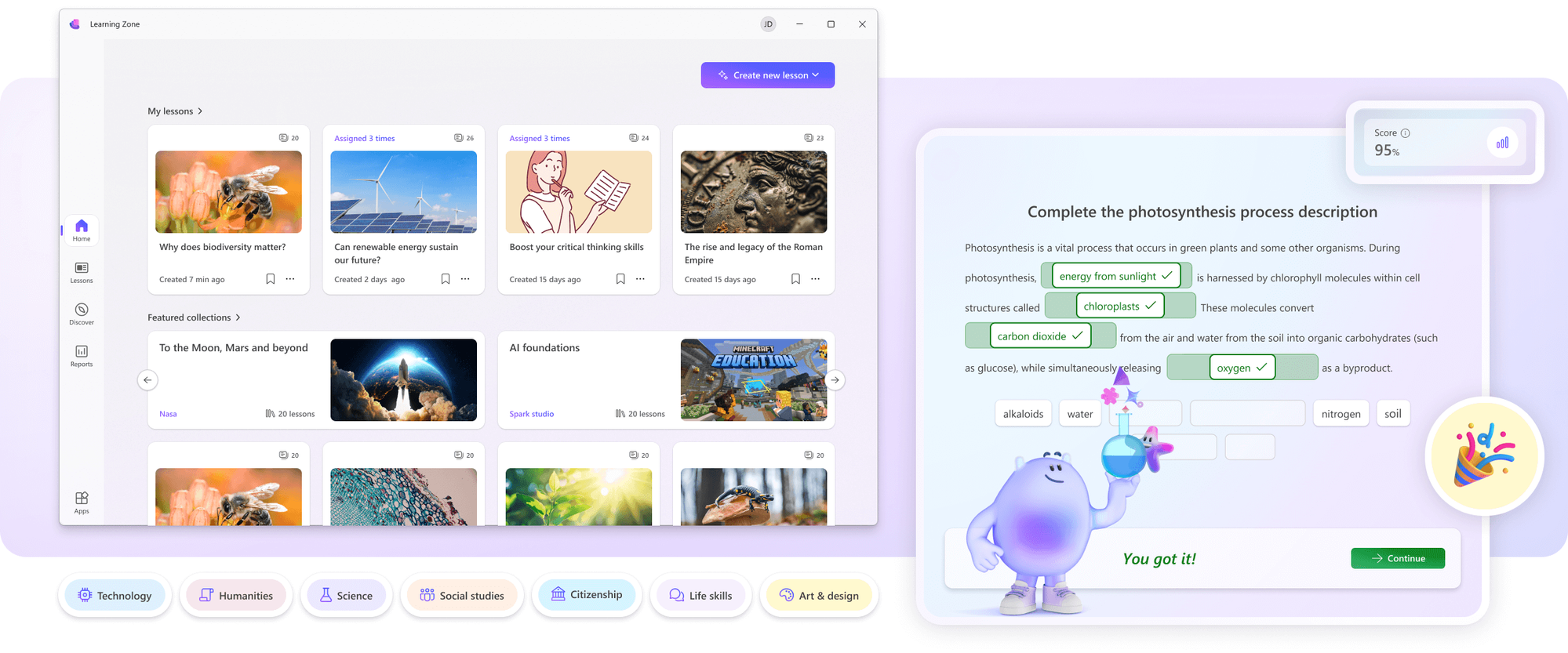 Screenshot of Learning Zone showing the educator home screen with lesson cards and a student completing a photosynthesis activity with interactive answers.
