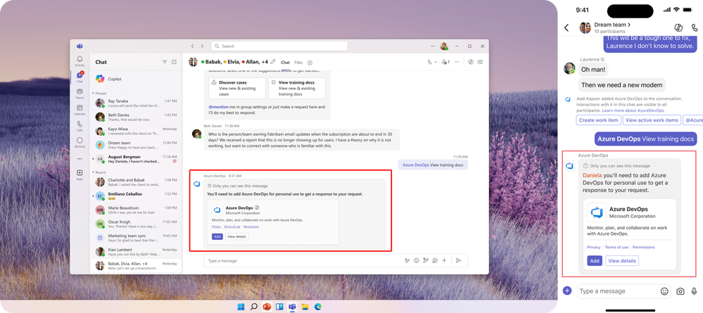 Desktop and mobile views of the Teams chat window, highlighting a message to the user noting that they will need to add the Azure DevOps app to the chat in order for the bot to complete a request.
