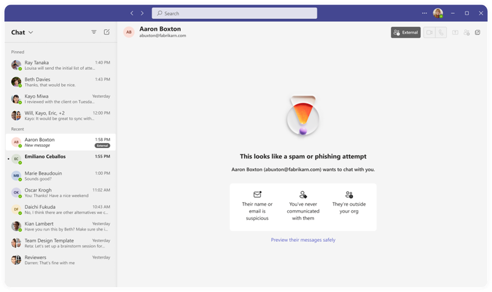 A Teams chat window, showing a warning message that a message looks like a spam or phishing attempt.