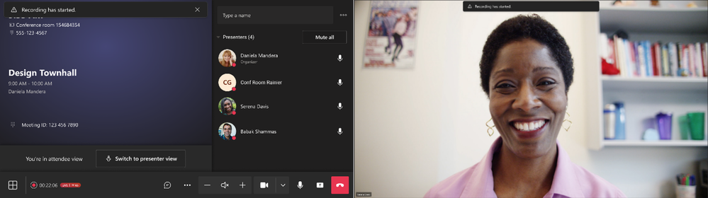 The front-of-room display in a Teams Room that is part of a Town hall event. The display shows the room name and details of the town hall.