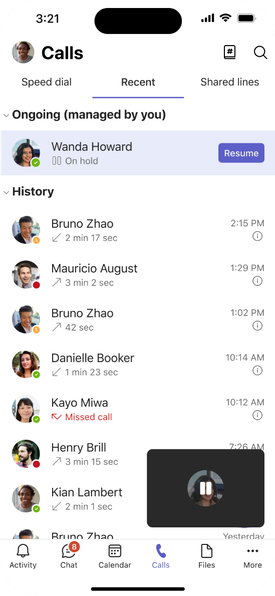 The shared call line list, showing ongoing calls with the ability to pause or resume the call, and recent call history.