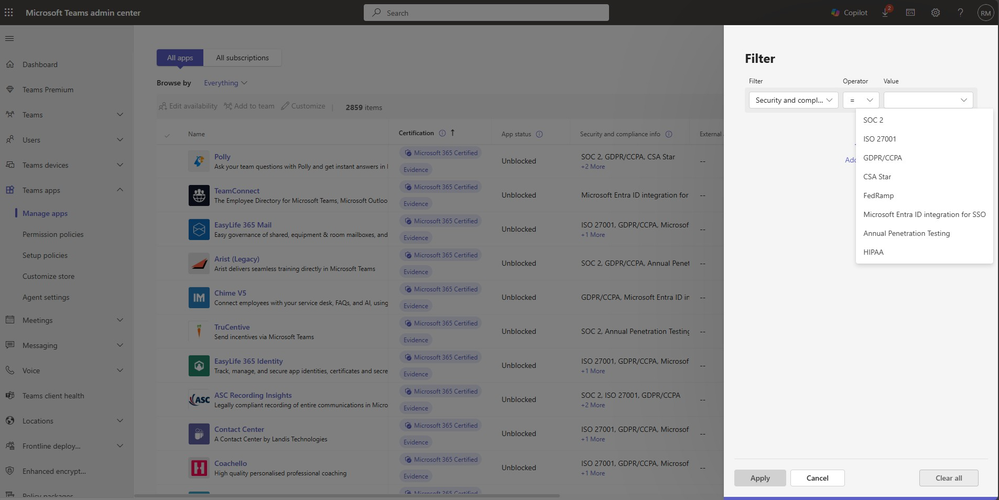 The Teams admin center, showing options to filter apps and agents.