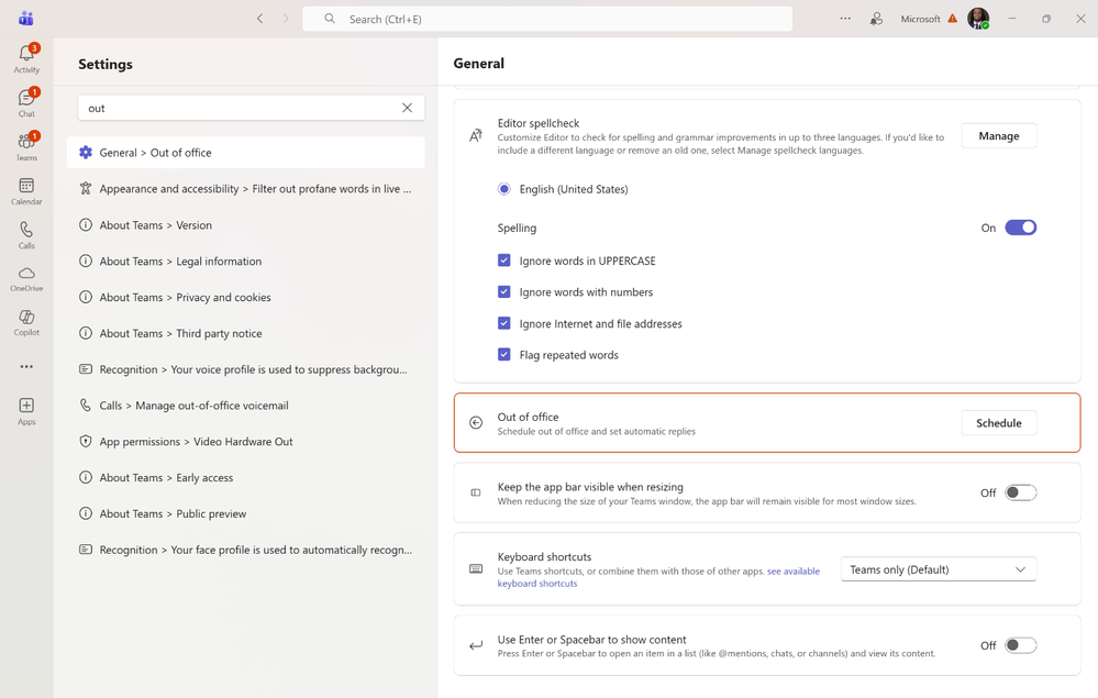 The Teams Settings pane, showing the new search bar at the top left