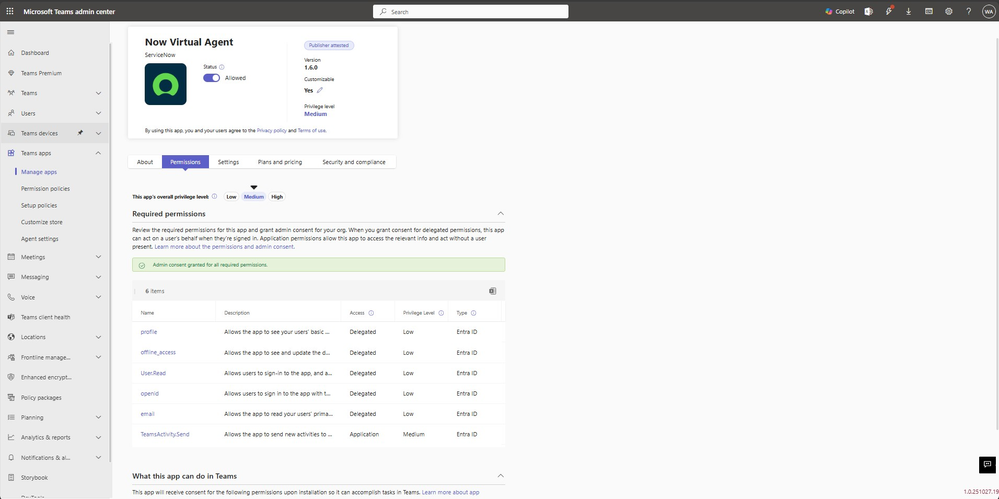 The Teams admin center, showing the Permissions tab with access and privilege levels for several apps and agents.