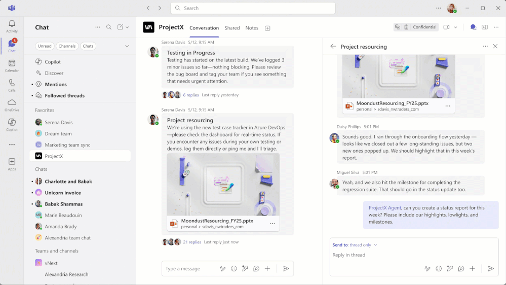 A gif demonstrating a user prompting the Channel Agent to create a status report, then showing the status report created in a Loop component.