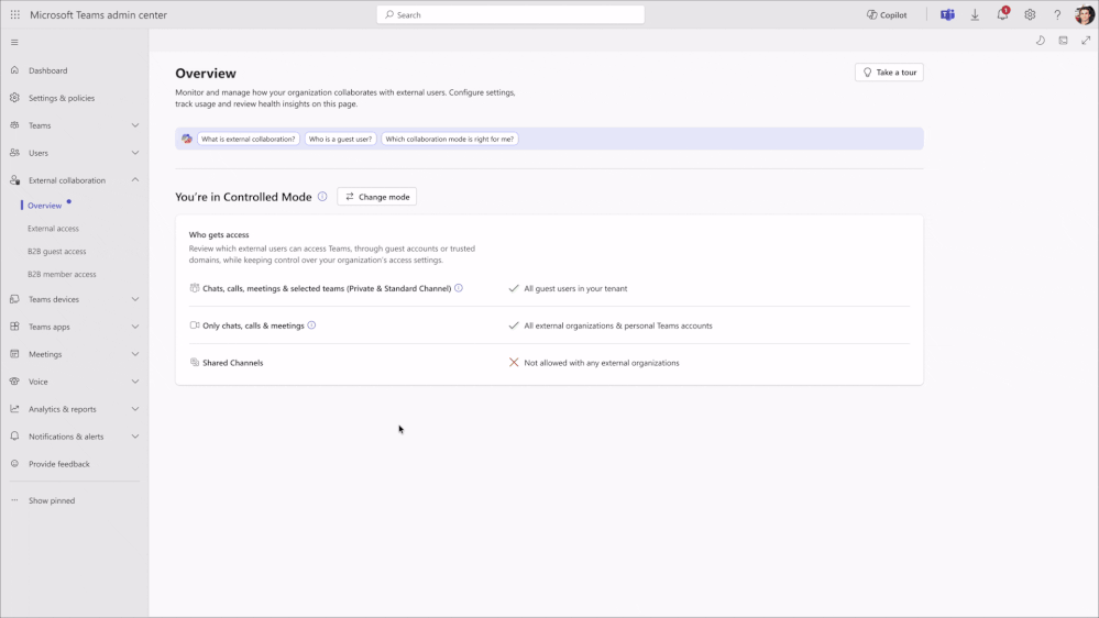 A gif demonstrating the process for IT admins to review and modify their organization's external collaboration settings.