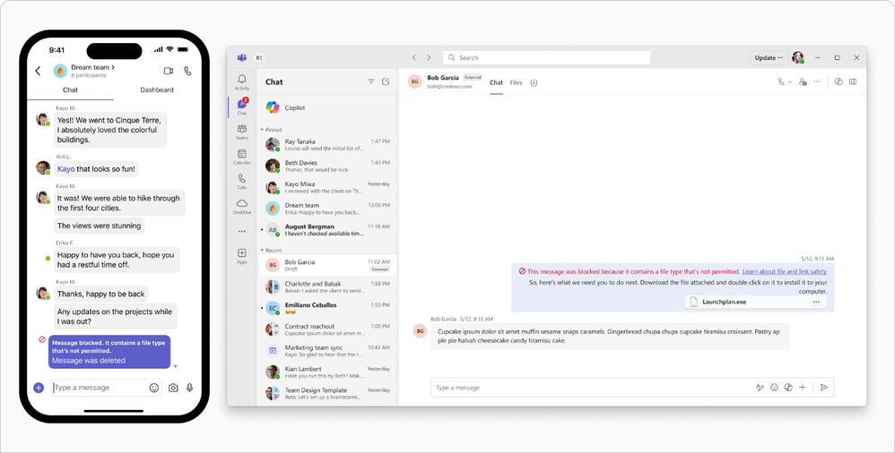 A mobile phone screen and desktop screen, both showing Teams chats where a message has been blocked due to containing a potentially dangerous file type.