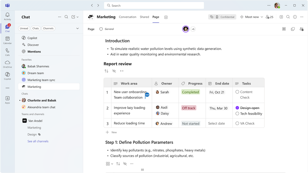 The Teams chat window, showing a collaborative Loop page where team members are working simultaneously.