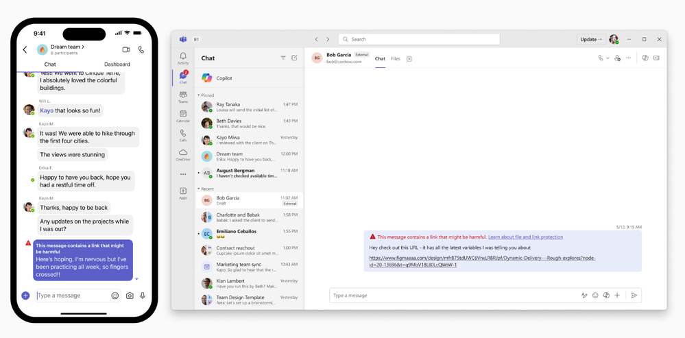 A mobile phone screen and desktop screen, both showing Teams chats where a message has been blocked due to containing a potentially dangerous link.