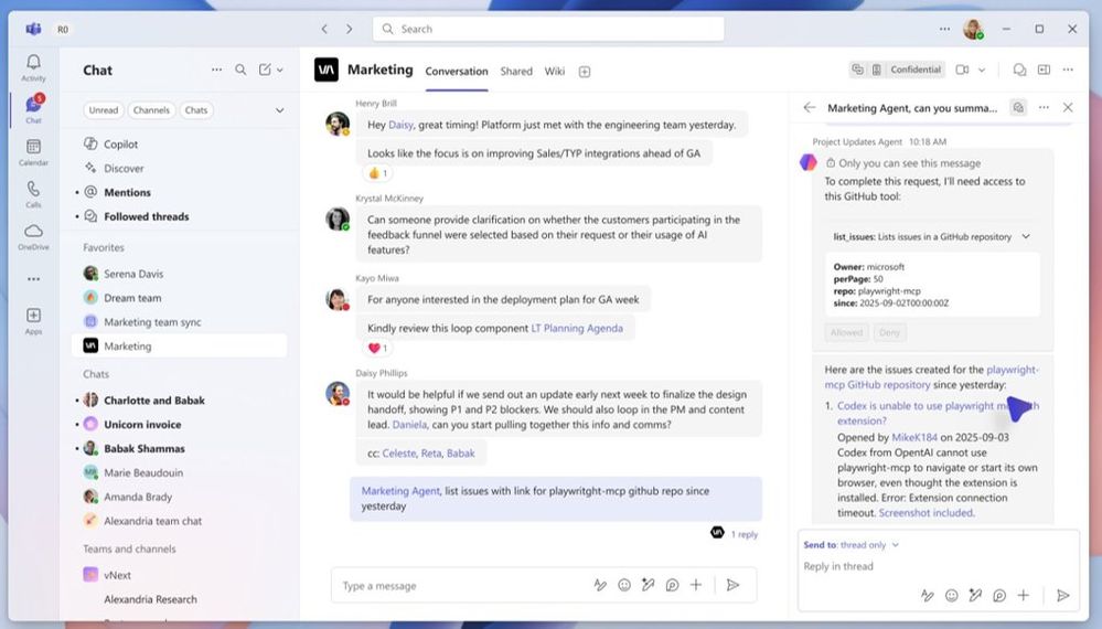 The Teams Chat window, showing the Channel Agent on the right side of the screen