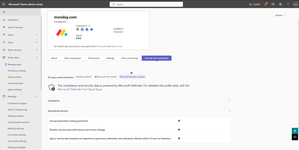The Teams admin center, showing the security and compliance data tab