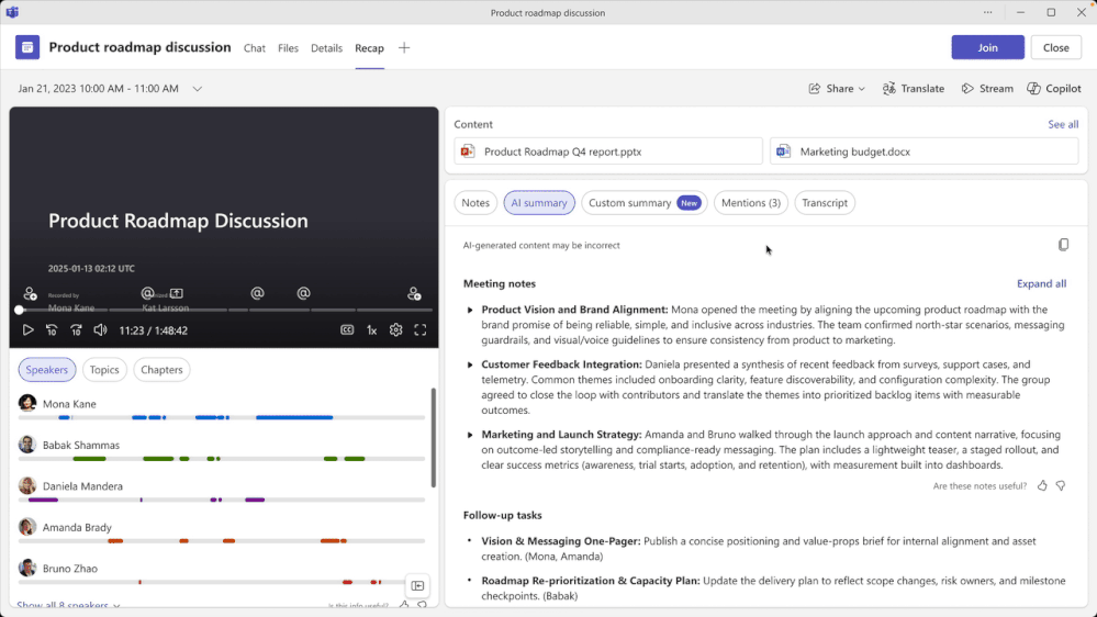 Video demonstrating Meeting recap templates