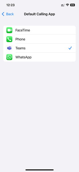 A mobile settings screen, showing Teams selected as the default calling app.