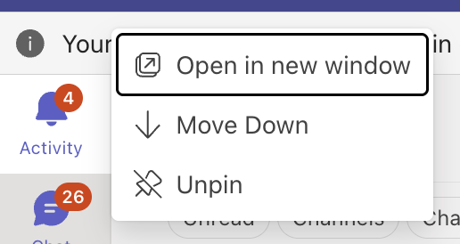 The “Open in new window” popup in Teams