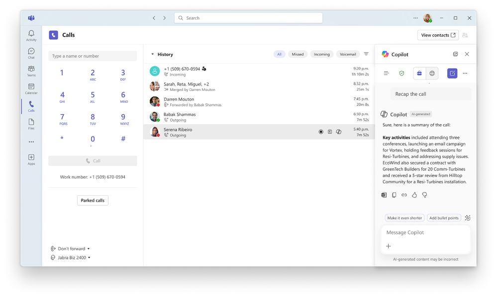 The Teams Calling window, showing the Copilot pane on the right side of the screen, with call summary information.