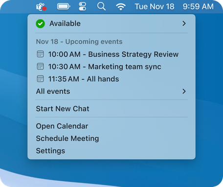 The Mac Calendar popup, showing the ability to join meetings or start a new chat.
