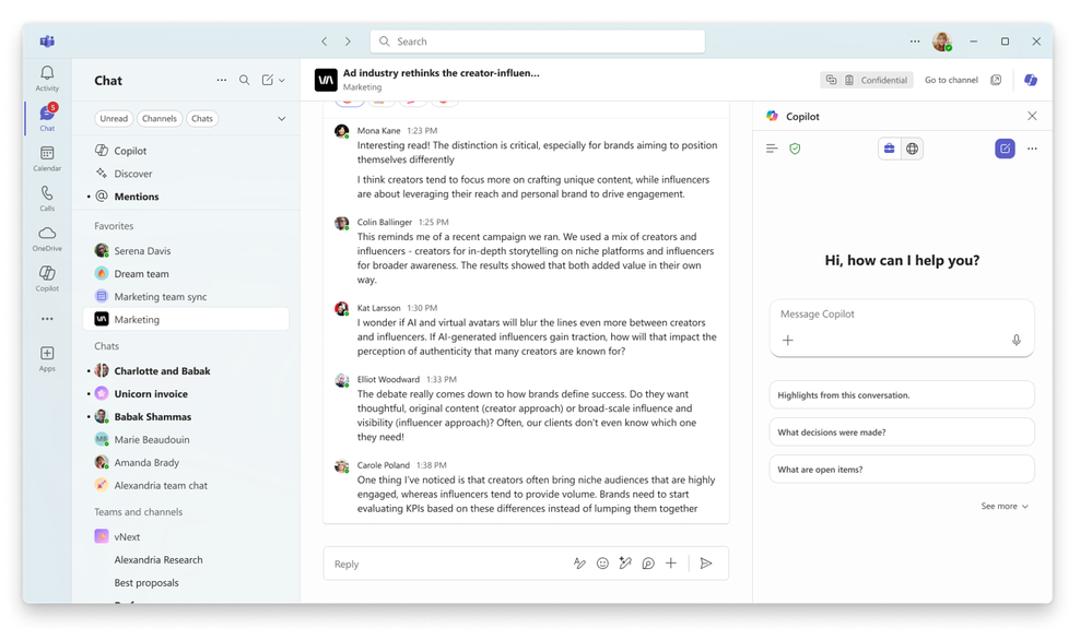 A Teams chat conversation, showing the Copilot interface on the right side