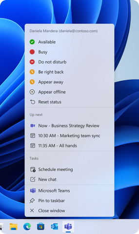 The Teams jump list, showing the ability to set status, join or schedule meetings, or initiate a new chat.