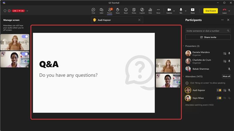 The Teams town hall presenter screen, highlighting some of the new enhancements.