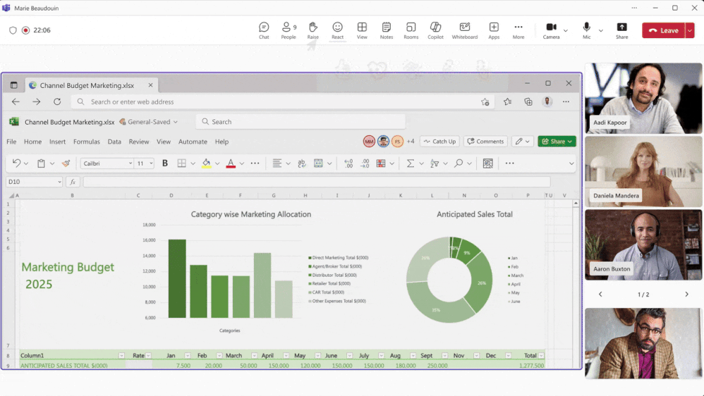 A gif of a Teams meeting in progress, showing a variety of custom reactions in use.