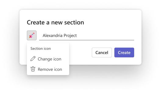 The “Create a new section” dialog box, showing options to change the icon.