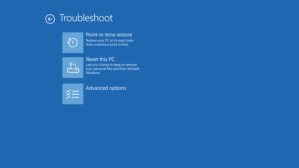 UI screenshot of Point-in-time restore shown in the Troubleshoot menu for WinRE