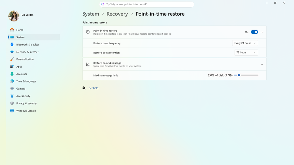 UI screenshot of Point-in-time restore settings page in System > Recovery
