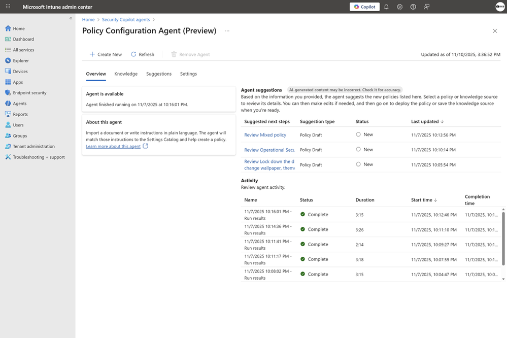 An image of the Policy Configuration Agent providing a summary and suggestion on next steps to create a configuration policy.