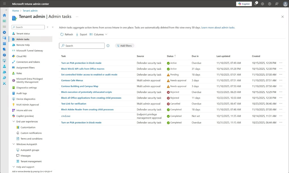 A screenshot of admin tasks in the Intune admin center, which displays a list of tasks, their source, and status.