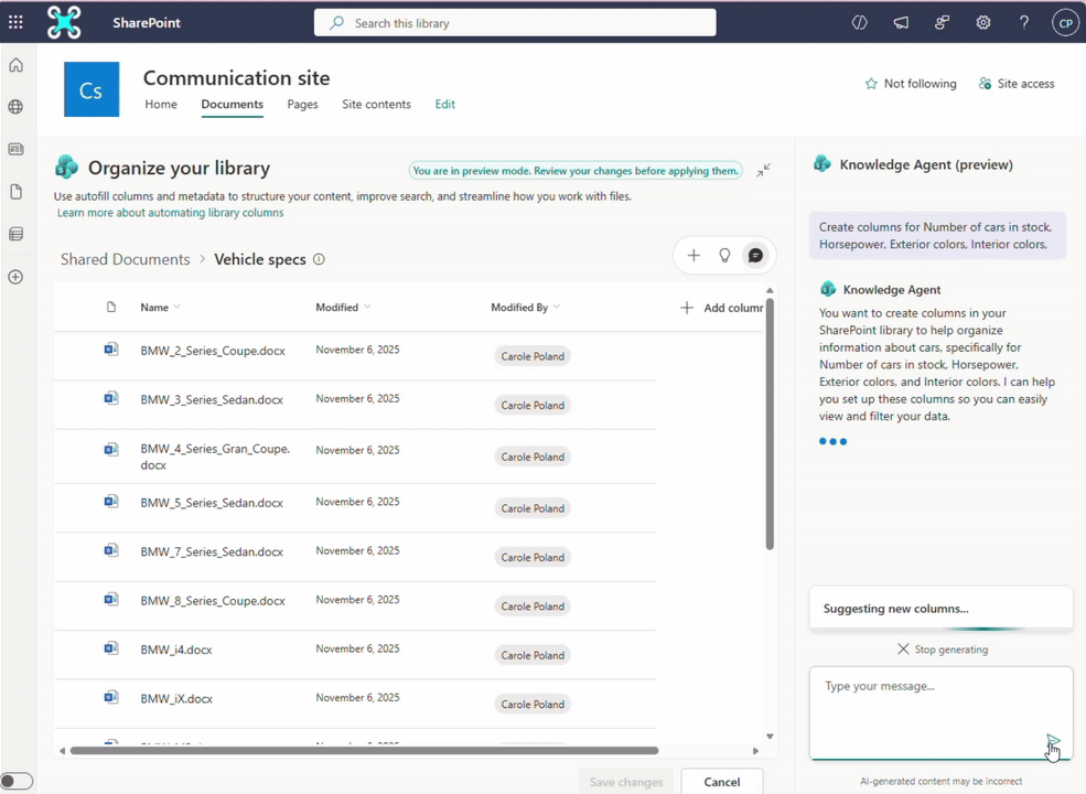 A moving image of Copilot understanding metadata in Microsoft SharePoint.