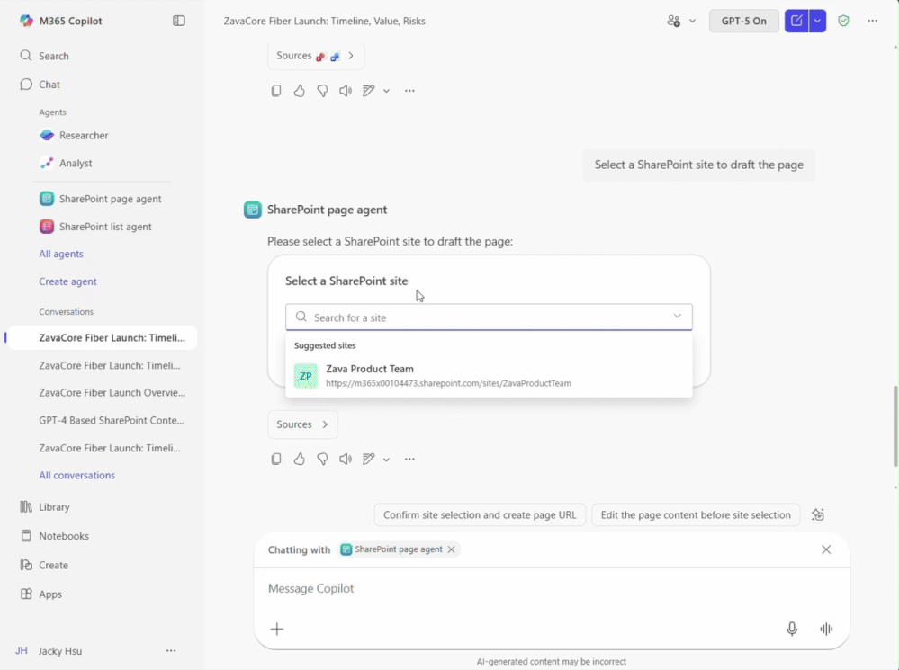 A moving image of on-demand page creation in Microsoft 365 Copilot.