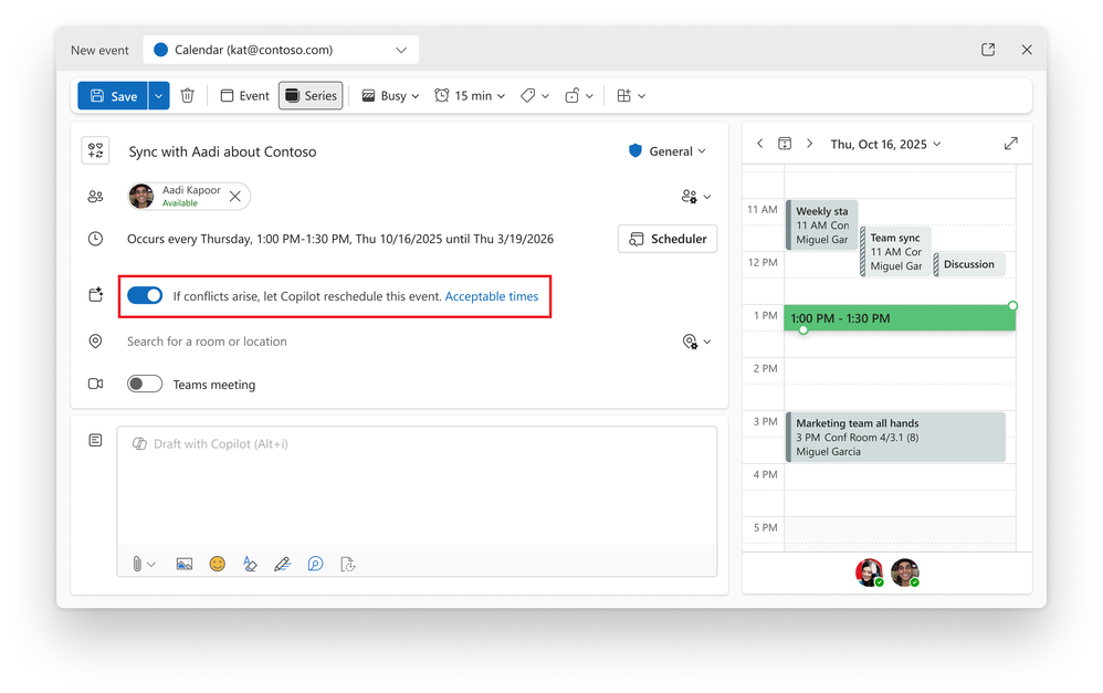 A screenshot of a Calendar invite in Microsoft Outlook with the If conflicts arise, let Copilot reschedule this event setting toggled on.