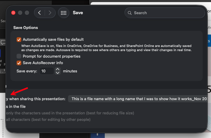 PowerPoint for Mac - Embed font settings in broken if long file name ...
