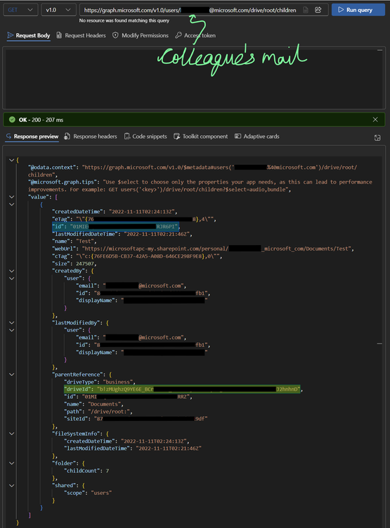 Graph explorer snippet showing the request sent to the API to list the files & folders shared by a specific user on the root drive