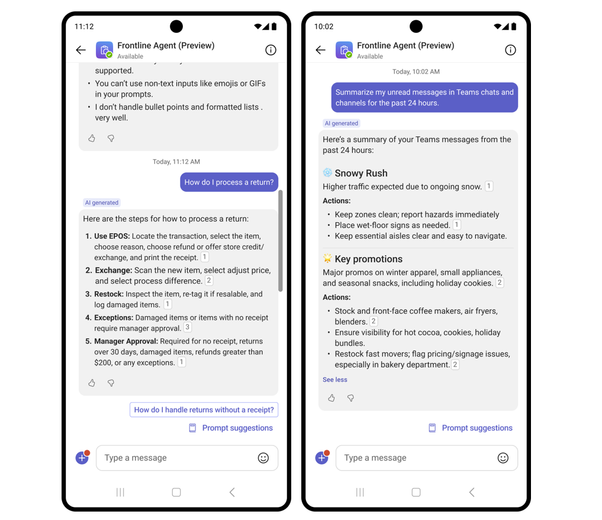 Mobile views of Frontline Agent in Microsoft Teams.