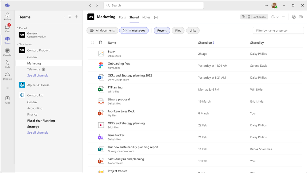 The updated Shared tab in Teams channels features In messages, Recent, Files, and Links filtering content shared in channel posts.