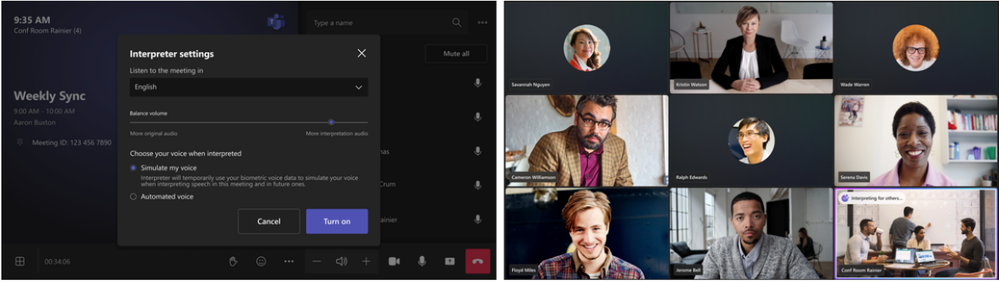 A console screen with controls along with a front of room display screen indicating the Interpreter agent is in use.