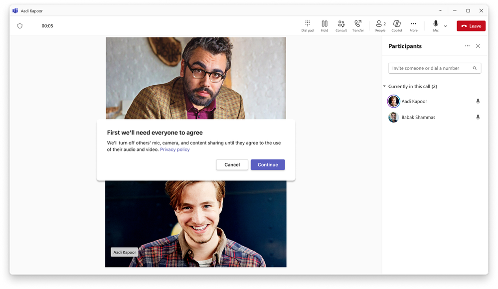 A screenshot of a Teams meeting, showing participants and the consent message, reading “First we’ll need everyone to agree. We’ll turn off others’ mic, camera, and content sharing until they agree to the use of their audio and video.” With a link to the Privacy policy, and buttons to cancel or continue.